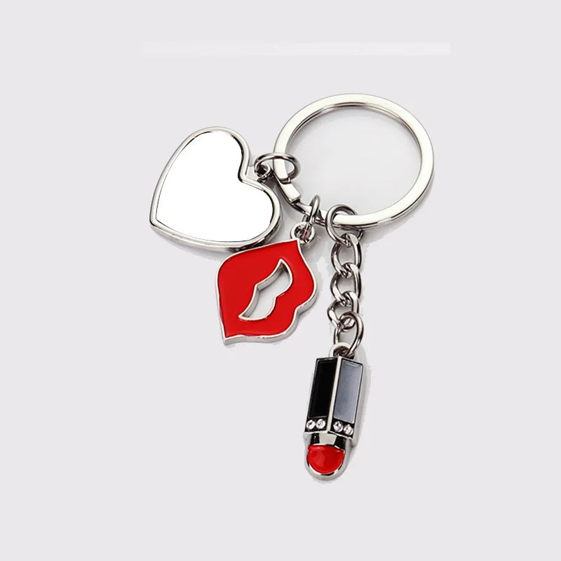 10pcs Sublimation Blank Keychains Creative Lipstick Love&Heart Pendants Keyring Lip Pendant Keychain For Heat Transfer Print