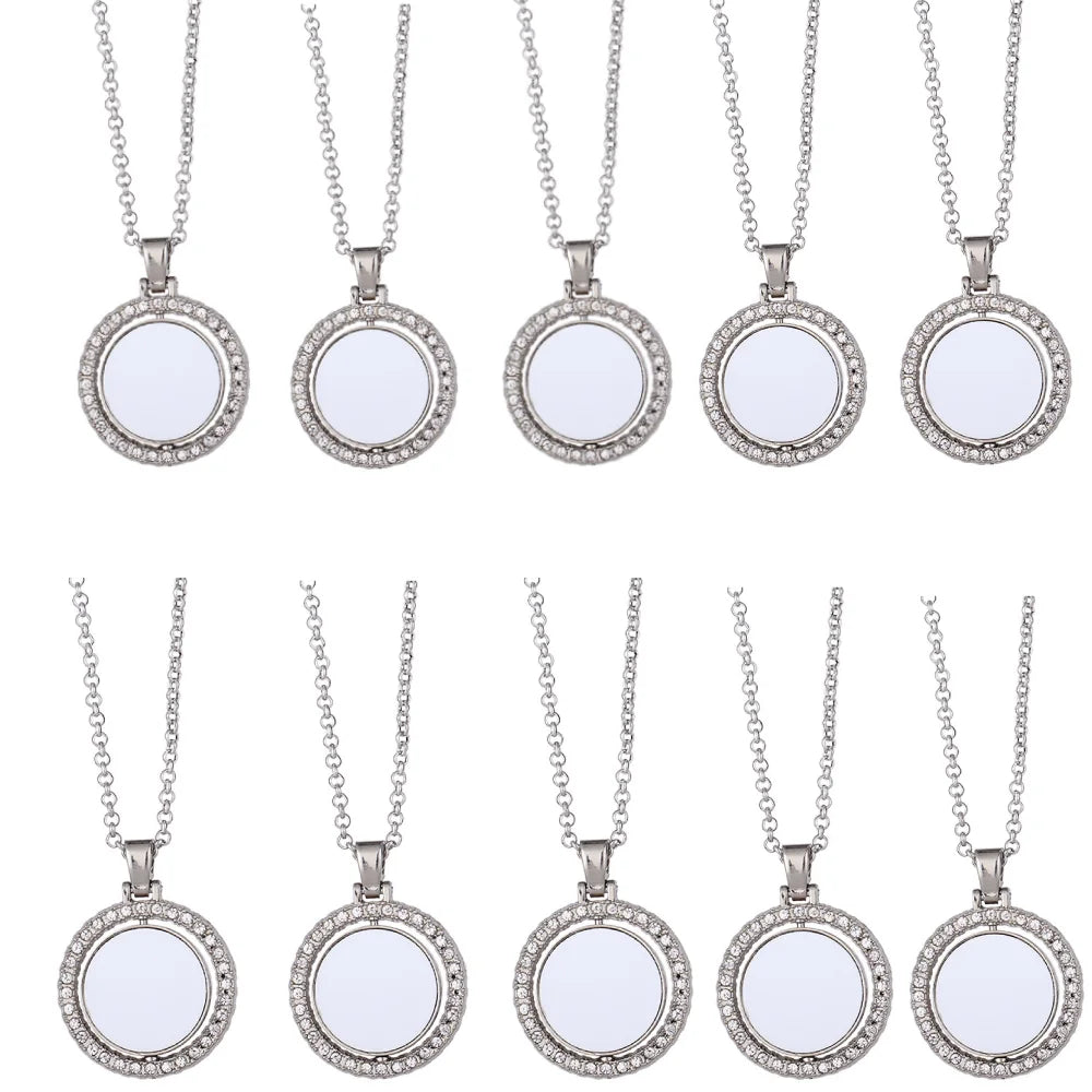 10pcs Rhinestones Pendant Necklaces Round Rotate Design Pendant Necklace Sublimation Blanks For Heat Transfer Print Unique Gift