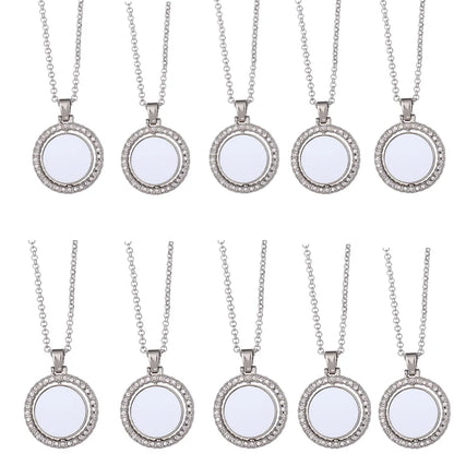 10pcs Rhinestones Pendant Necklaces Round Rotate Design Pendant Necklace Sublimation Blanks For Heat Transfer Print Unique Gift
