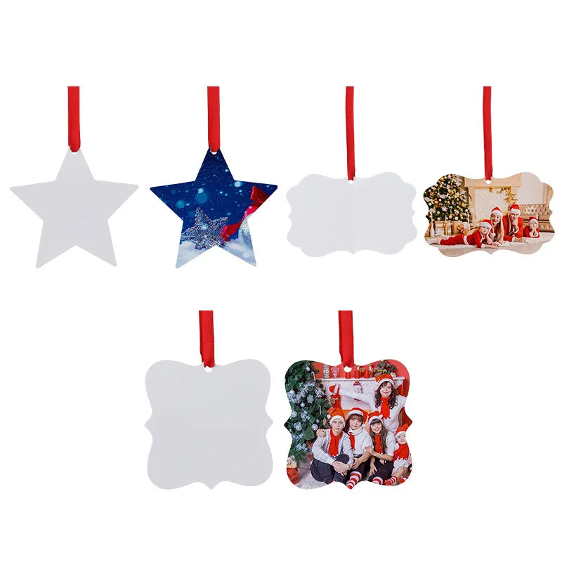 20pcs Sublimation Blank Snowflake Star Pendants Red Ribbon Design Xmas Tree Hanging Ornament For Custom Christmas New Year Gift