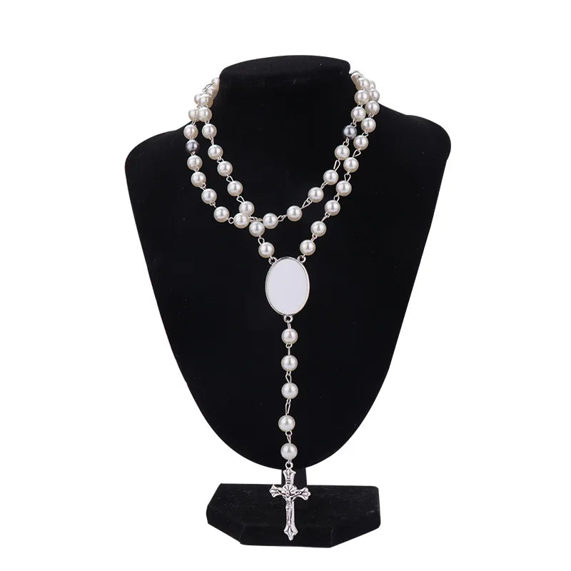 10pcs Sublimation Blank Rosary Necklace Cross Border Pendants Necklace Sublimation Blank Jewelry Necklace For DIY Printing Photo Name