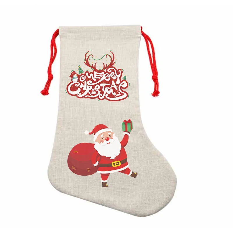 10pcs Christmas New Year Candy Bag Sublimation Linen Drawstring Gift Bag Xmas Tree Hanging Santa Socks Christmas Stockings Gift Bag
